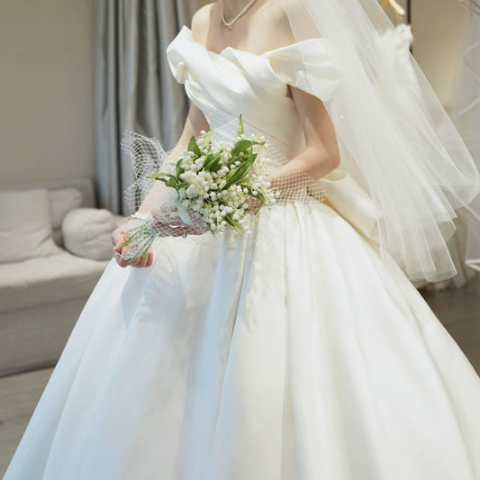off-Shoulder Main Wedding Dress Small Satin 2023 New Arrival Bride Going out Main Yarn Vintage Satin Satin Palace Style Main Yarn