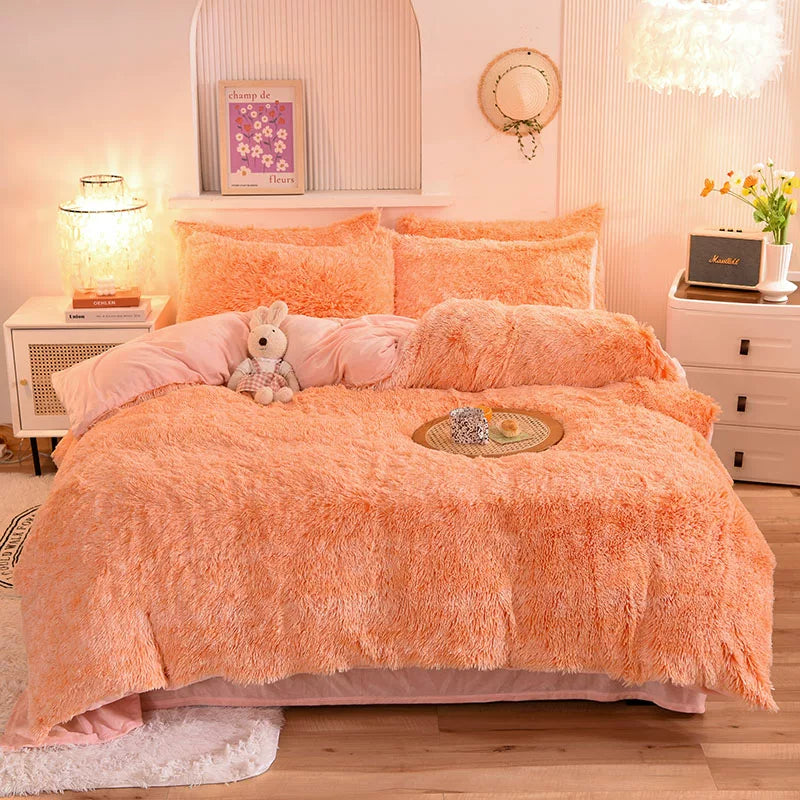 White Wave Fox Colorful Plush Mink Fur Four-Piece Coral Velvet Winter Flannel Duvet Cover Double-Sided Velvet Bed Sheet Fitted Sheet Good Vibrations