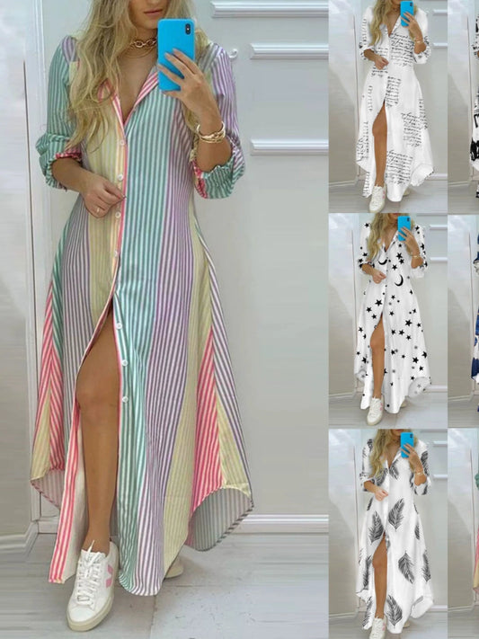 Printed Single Brewed Split Shirt Dress Floral Print Slit Shirt Dress Good Vibrations