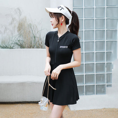 plus size swimsuit women's one-piece skirt short sleeve professional sports swimsuit mother 200kg conservative belly slim hot spring Good Vibrations