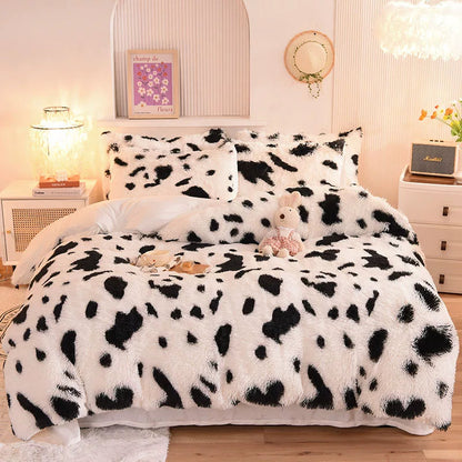 White Wave Fox Colorful Plush Mink Fur Four-Piece Coral Velvet Winter Flannel Duvet Cover Double-Sided Velvet Bed Sheet Fitted Sheet Good Vibrations