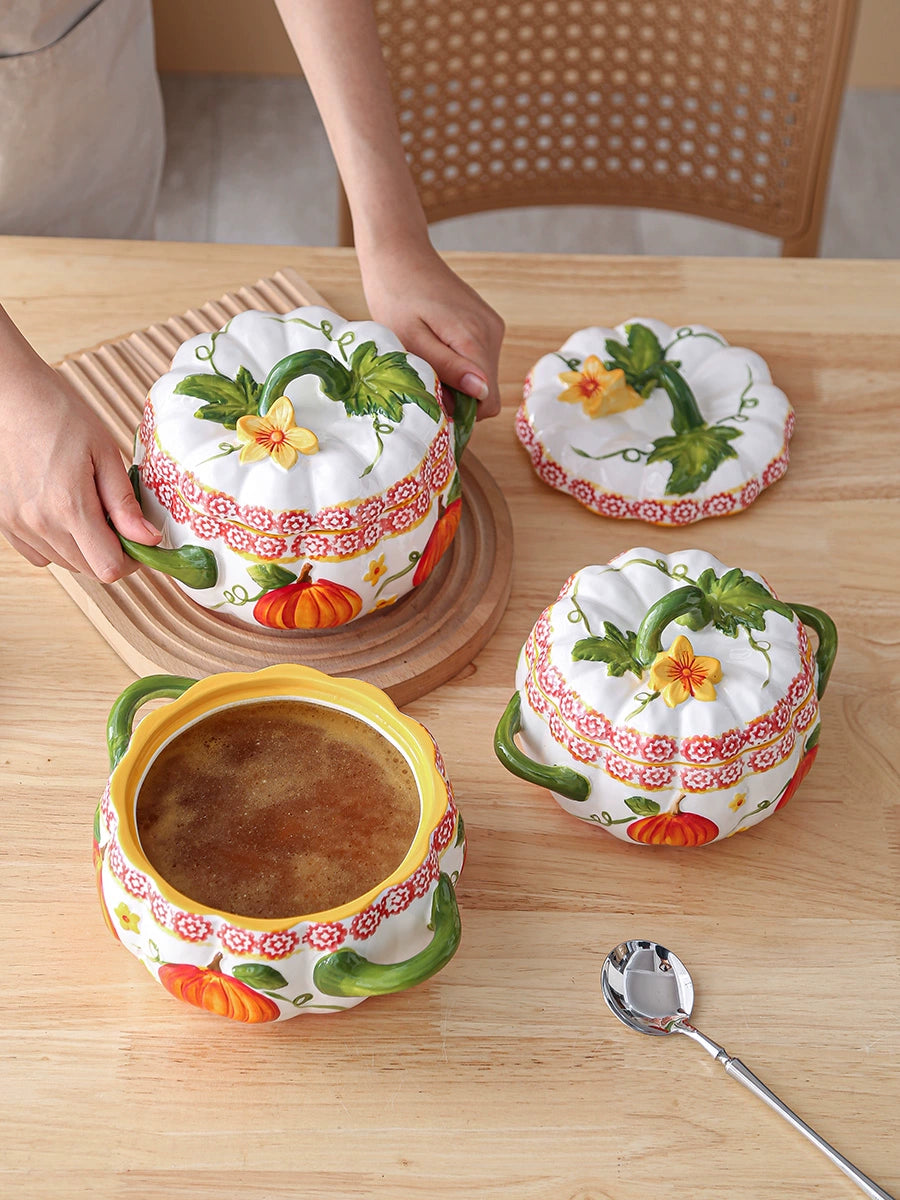 Pumpkin-Shaped Soup Bowl with Lid, Double-Handle Ceramic High-Temperature Resistant Lard Container, Can Be Stored in the Refrigerator, Large Stew Pot Good Vibrations