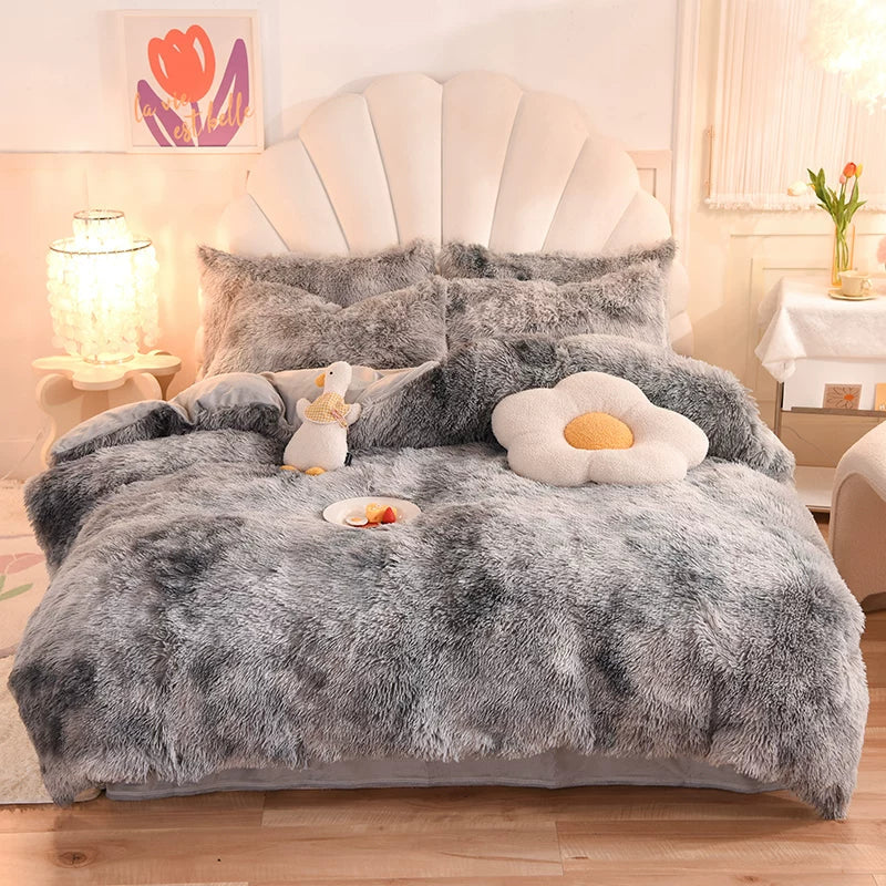 White Wave Fox Colorful Plush Mink Fur Four-Piece Coral Velvet Winter Flannel Duvet Cover Double-Sided Velvet Bed Sheet Fitted Sheet Good Vibrations