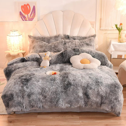 White Wave Fox Colorful Plush Mink Fur Four-Piece Coral Velvet Winter Flannel Duvet Cover Double-Sided Velvet Bed Sheet Fitted Sheet Good Vibrations