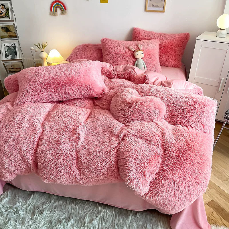 White Wave Fox Colorful Plush Mink Fur Four-Piece Coral Velvet Winter Flannel Duvet Cover Double-Sided Velvet Bed Sheet Fitted Sheet Good Vibrations