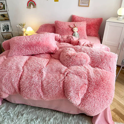 White Wave Fox Colorful Plush Mink Fur Four-Piece Coral Velvet Winter Flannel Duvet Cover Double-Sided Velvet Bed Sheet Fitted Sheet Good Vibrations