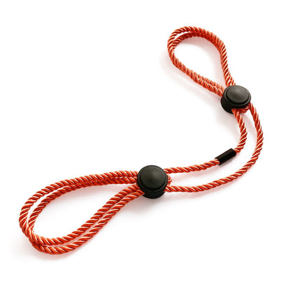 Erotic adjustable handcuffs ankle cuffs for BDSM adults in red nylon rope with black connectors.