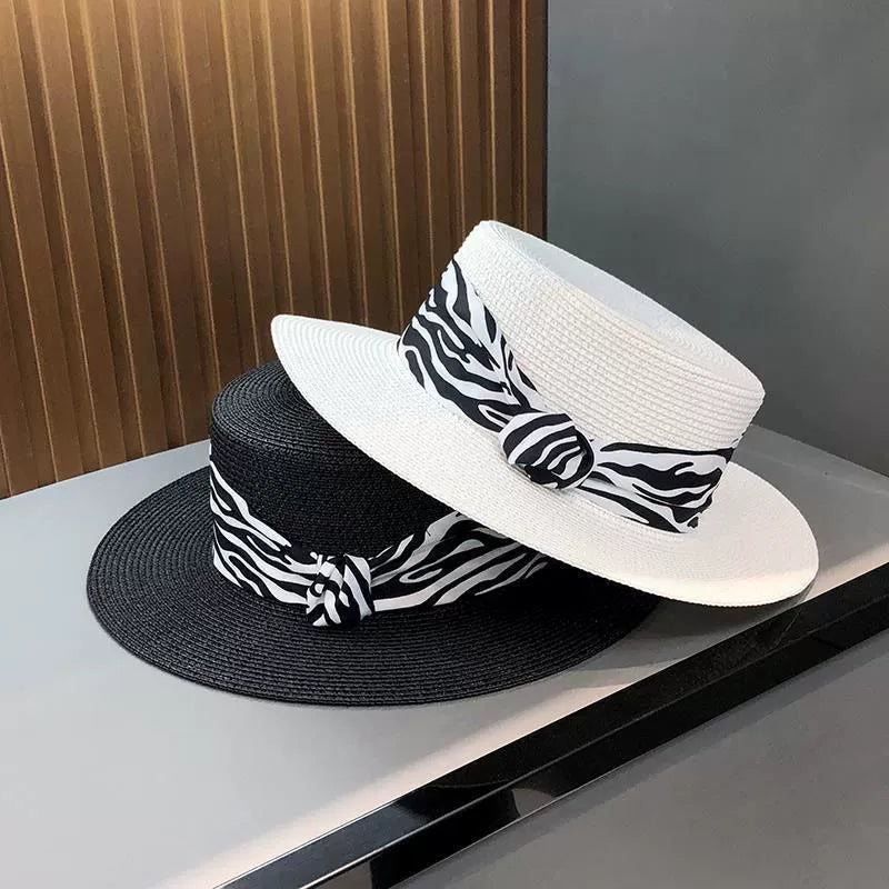 2025 Summer Hot-Selling French Straw Hat Flat Top Women's Vintage Zebra Outdoor Vacation Sun Protection Hat Good Vibrations