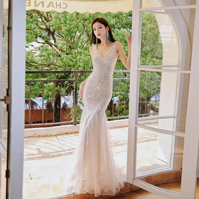 Fairy Lady Super Fairy Mori Style Evening Gown Women's New Arrival Banquet Temperament Elegance Annual Meeting Long Style Fishtail Sequins Sexy Gown Good Vibrations