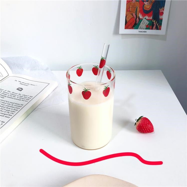 300ml Strawberry Cute Glass Cup With Straw Creative Transparent Water Cup Student Milk Heat Resistant Glass Nana Good Vibrations