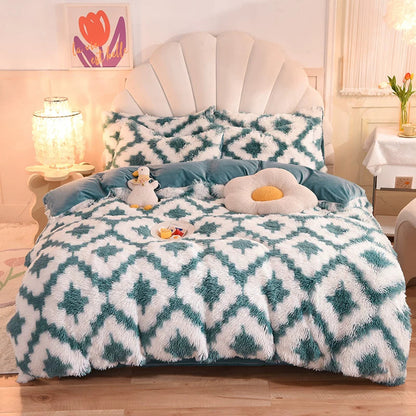 White Wave Fox Colorful Plush Mink Fur Four-Piece Coral Velvet Winter Flannel Duvet Cover Double-Sided Velvet Bed Sheet Fitted Sheet Good Vibrations