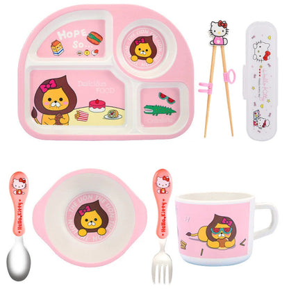 Bamboo Fiber Kids Tableware Kids Set Cartoon Grid Plate Baby Rice Bowl Drop-Resistant Spork Chopsticks Complementary Food Good Vibrations