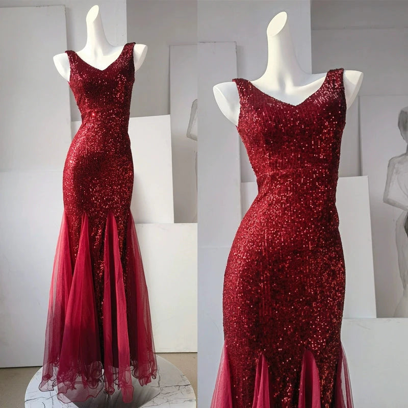 Fairy Lady Super Fairy Mori Style Evening Gown Women's New Arrival Banquet Temperament Elegance Annual Meeting Long Style Fishtail Sequins Sexy Gown Good Vibrations