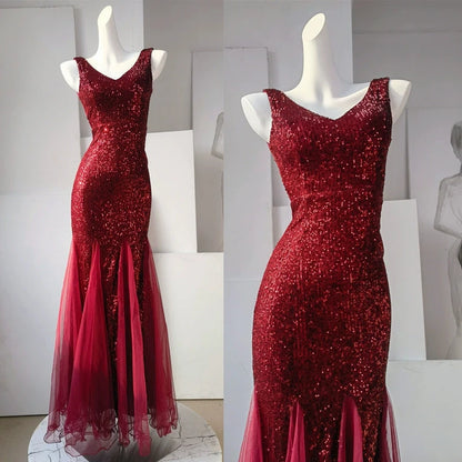 Fairy Lady Super Fairy Mori Style Evening Gown Women's New Arrival Banquet Temperament Elegance Annual Meeting Long Style Fishtail Sequins Sexy Gown Good Vibrations