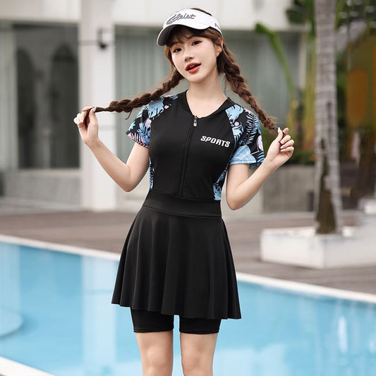 plus size swimsuit women's one-piece skirt short sleeve professional sports swimsuit mother 200kg conservative belly slim hot spring Good Vibrations