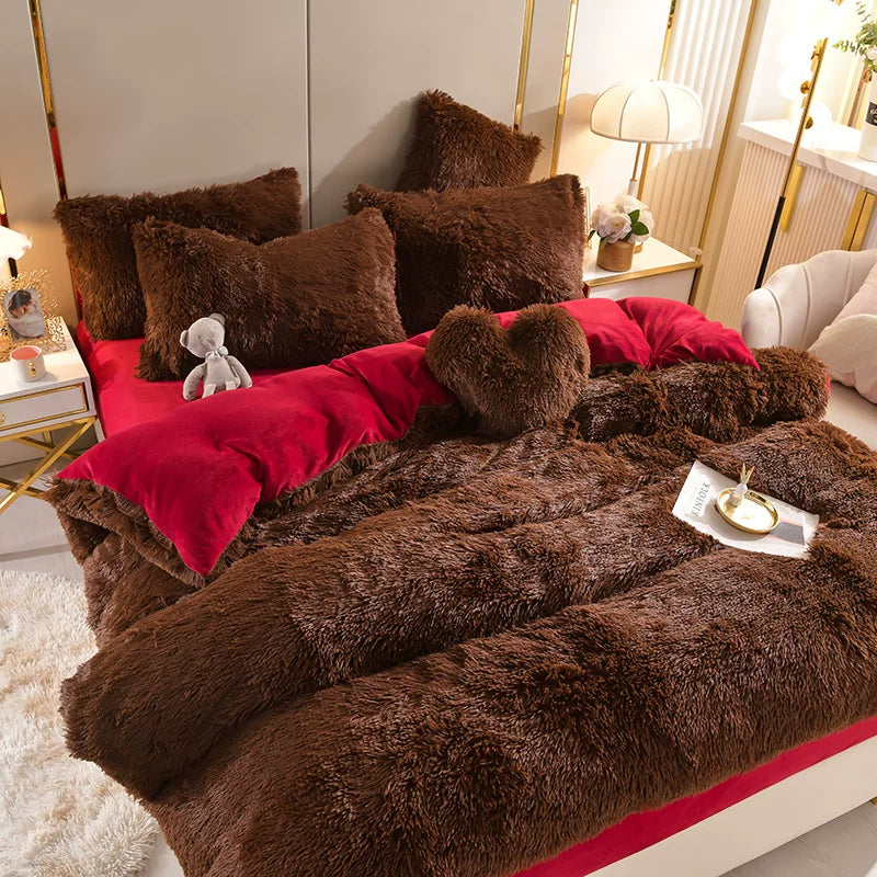 White Wave Fox Colorful Plush Mink Fur Four-Piece Coral Velvet Winter Flannel Duvet Cover Double-Sided Velvet Bed Sheet Fitted Sheet Good Vibrations