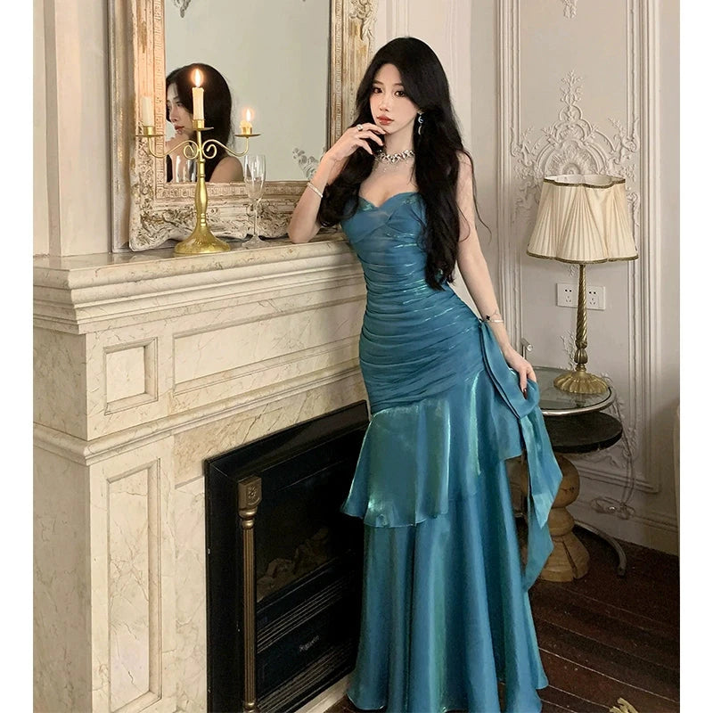 French style Senior Touching Yuji Blue Fishtail Guest dresses Women Summer Temperament Royal Sister Waist Hugging Slimming Sling Dress Good Vibrations