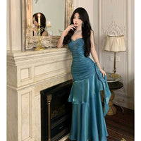 French style Senior Touching Yuji Blue Fishtail Guest dresses Women Summer Temperament Royal Sister Waist Hugging Slimming Sling Dress Good Vibrations