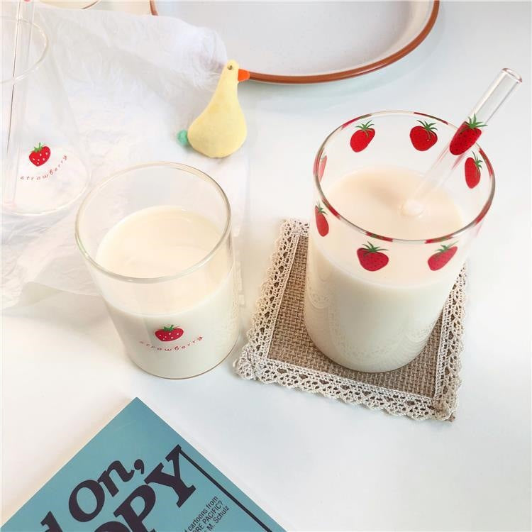 300ml Strawberry Cute Glass Cup With Straw Creative Transparent Water Cup Student Milk Heat Resistant Glass Nana Good Vibrations