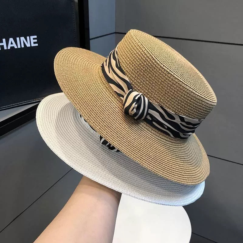 2025 Summer Hot-Selling French Straw Hat Flat Top Women's Vintage Zebra Outdoor Vacation Sun Protection Hat Good Vibrations