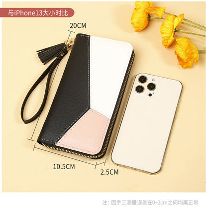 Korean Version 2025 New Women's Wallet with Color-Blocking, Long Wallet with Zipper and Tassel, Large Capacity Wholesale Storage Good Vibrations