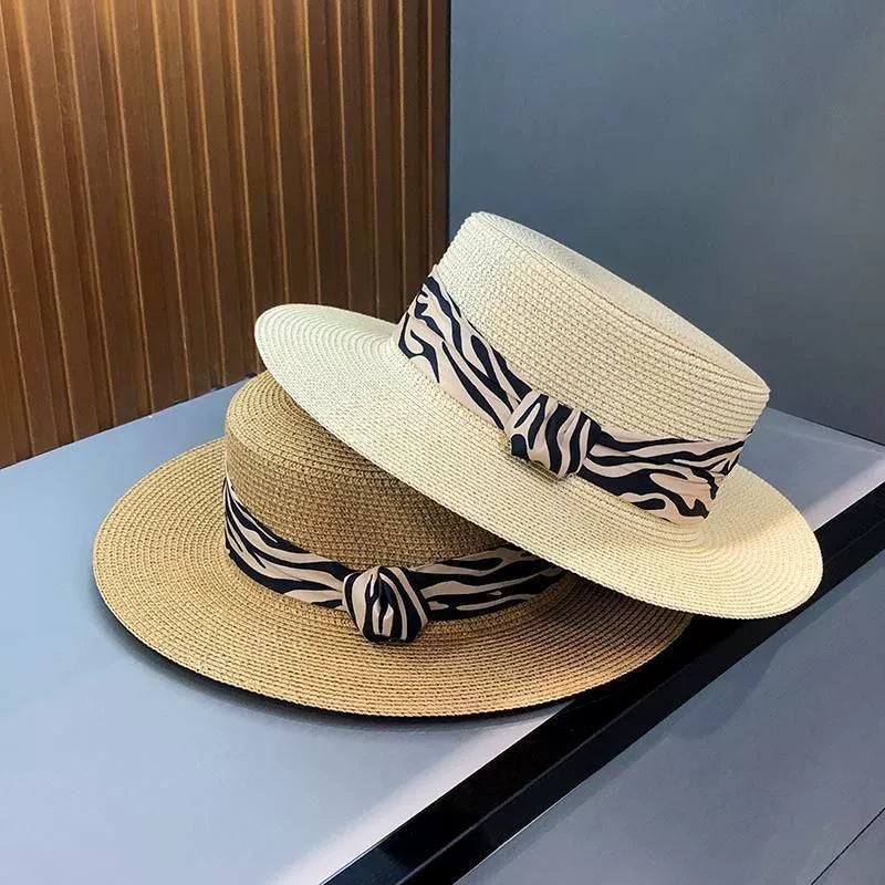 2025 Summer Hot-Selling French Straw Hat Flat Top Women's Vintage Zebra Outdoor Vacation Sun Protection Hat Good Vibrations