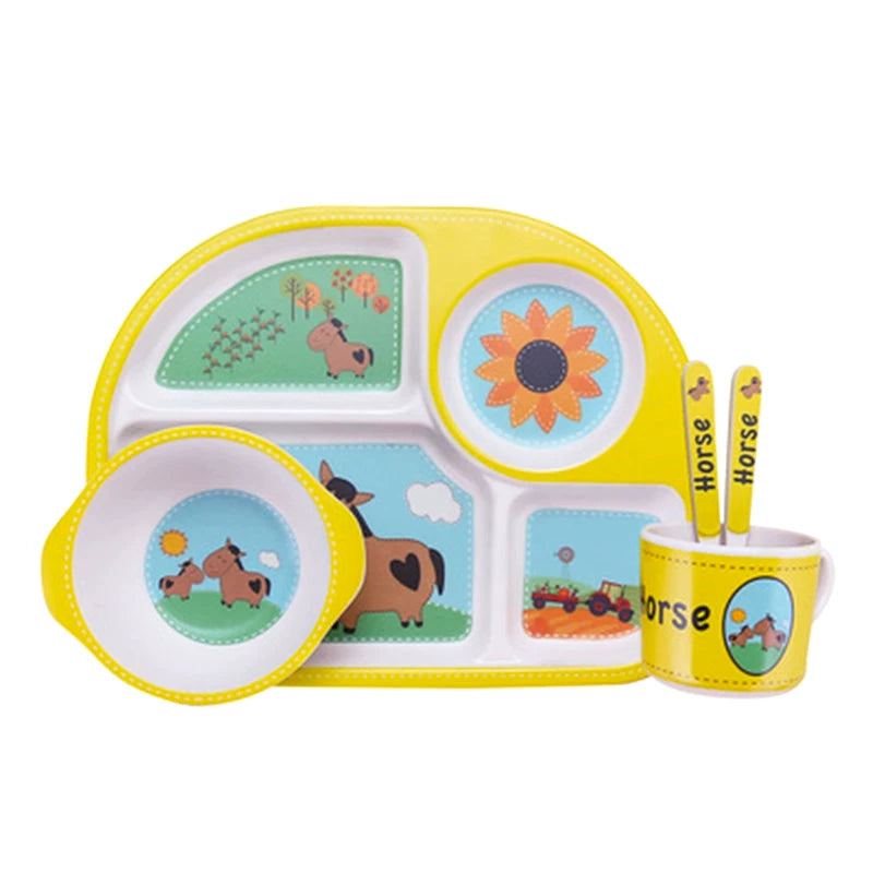 Bamboo Fiber Kids Tableware Kids Set Cartoon Grid Plate Baby Rice Bowl Drop-Resistant Spork Chopsticks Complementary Food Good Vibrations