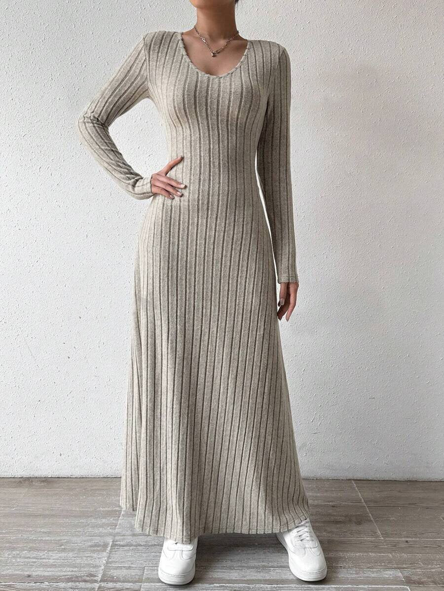 European and American Cross-Border Amazon Dress Slim Fashion Women's Knitted Pure Color Long-Sleeved A-Line Street Long Skirt for Women Good Vibrations