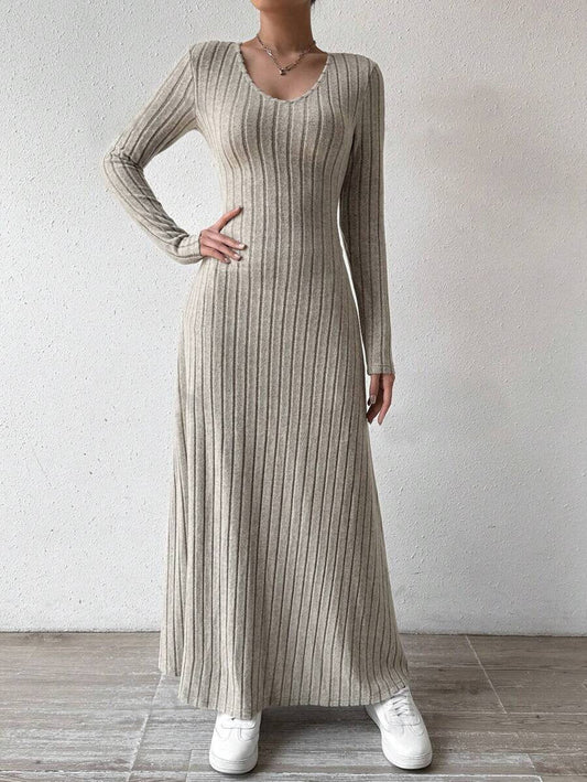 European and American Cross-Border Amazon Dress Slim Fashion Women's Knitted Pure Color Long-Sleeved A-Line Street Long Skirt for Women Good Vibrations