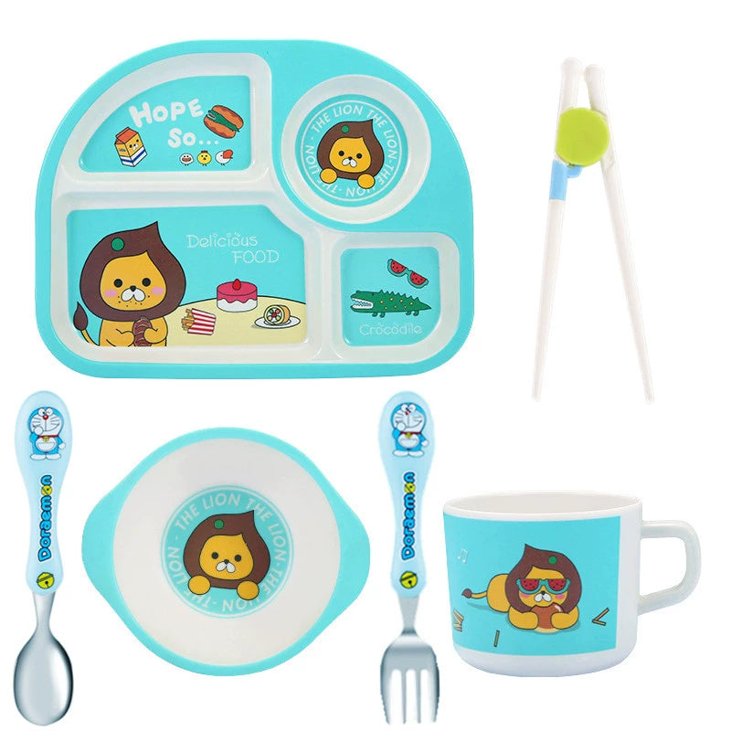 Bamboo Fiber Kids Tableware Kids Set Cartoon Grid Plate Baby Rice Bowl Drop-Resistant Spork Chopsticks Complementary Food Good Vibrations
