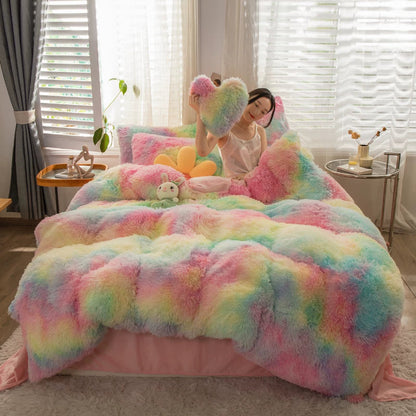White Wave Fox Colorful Plush Mink Fur Four-Piece Coral Velvet Winter Flannel Duvet Cover Double-Sided Velvet Bed Sheet Fitted Sheet Good Vibrations