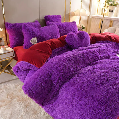White Wave Fox Colorful Plush Mink Fur Four-Piece Coral Velvet Winter Flannel Duvet Cover Double-Sided Velvet Bed Sheet Fitted Sheet Good Vibrations
