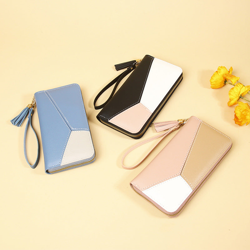 Korean Version 2025 New Women's Wallet with Color-Blocking, Long Wallet with Zipper and Tassel, Large Capacity Wholesale Storage Good Vibrations
