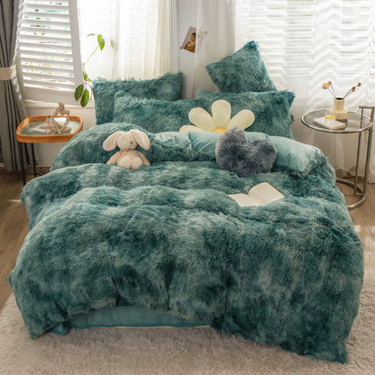 White Wave Fox Colorful Plush Mink Fur Four-Piece Coral Velvet Winter Flannel Duvet Cover Double-Sided Velvet Bed Sheet Fitted Sheet Good Vibrations