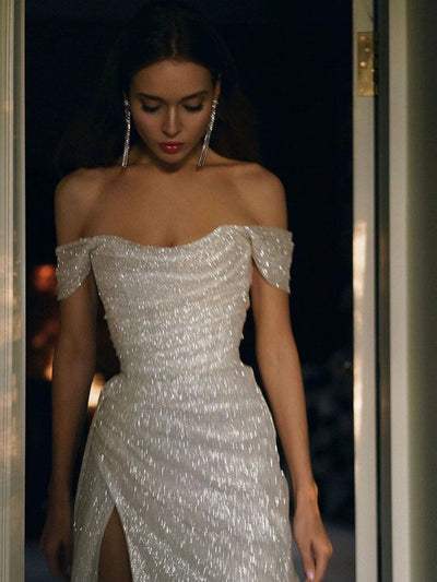 off-Shoulder Lady Classy Niche Style Super Shiny Evening Dress