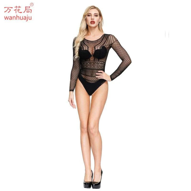 Sexy European and American Sexy Jacquard Long-Sleeved Jumpsuit Mesh Stockings GOOD Vibrations