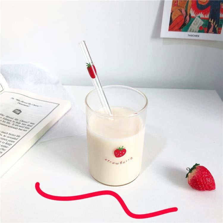 300ml Strawberry Cute Glass Cup With Straw Creative Transparent Water Cup Student Milk Heat Resistant Glass Nana Good Vibrations