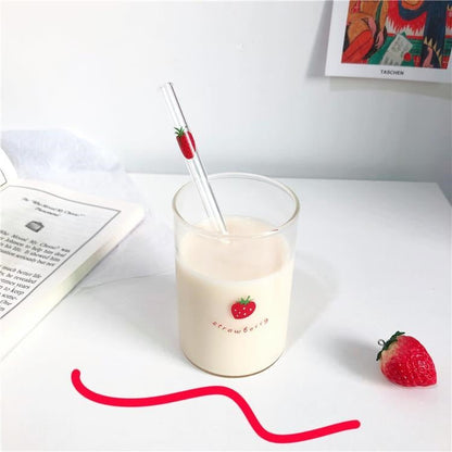 300ml Strawberry Cute Glass Cup With Straw Creative Transparent Water Cup Student Milk Heat Resistant Glass Nana Good Vibrations