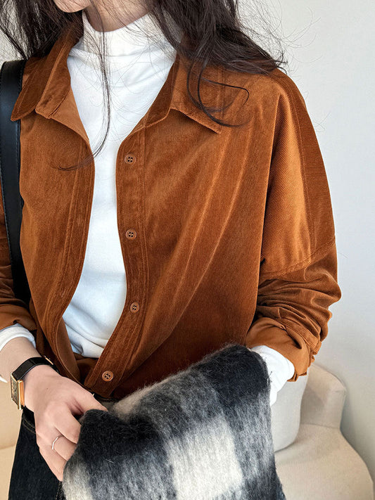 Lushi Japanese-Style Minimalist Thickened Brushed Corduroy Shirt for Women 2025 Autumn Inner Layering Base Shirt 3378 Good Vibrations