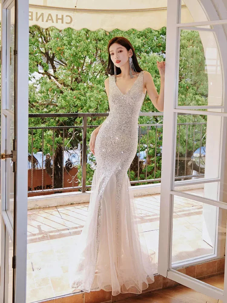 Fairy Lady Super Fairy Mori Style Evening Gown Women's New Arrival Banquet Temperament Elegance Annual Meeting Long Style Fishtail Sequins Sexy Gown Good Vibrations
