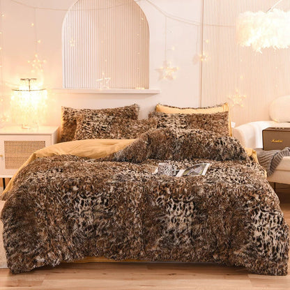 White Wave Fox Colorful Plush Mink Fur Four-Piece Coral Velvet Winter Flannel Duvet Cover Double-Sided Velvet Bed Sheet Fitted Sheet Good Vibrations