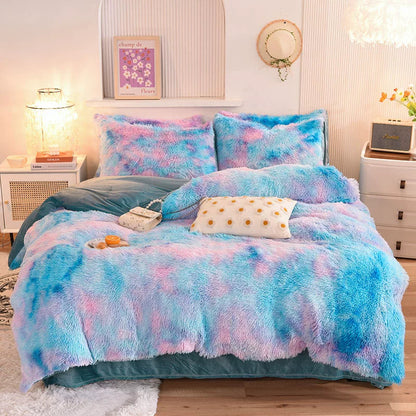 White Wave Fox Colorful Plush Mink Fur Four-Piece Coral Velvet Winter Flannel Duvet Cover Double-Sided Velvet Bed Sheet Fitted Sheet Good Vibrations