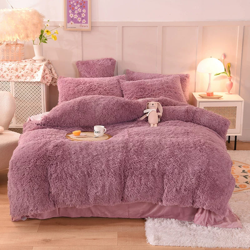 White Wave Fox Colorful Plush Mink Fur Four-Piece Coral Velvet Winter Flannel Duvet Cover Double-Sided Velvet Bed Sheet Fitted Sheet Good Vibrations