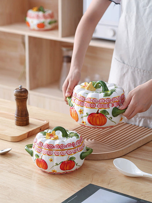 Pumpkin-Shaped Soup Bowl with Lid, Double-Handle Ceramic High-Temperature Resistant Lard Container, Can Be Stored in the Refrigerator, Large Stew Pot Good Vibrations