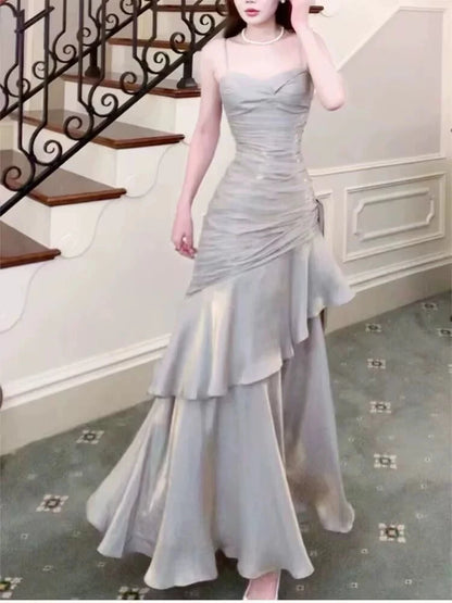 French style Senior Touching Yuji Blue Fishtail Guest dresses Women Summer Temperament Royal Sister Waist Hugging Slimming Sling Dress Good Vibrations