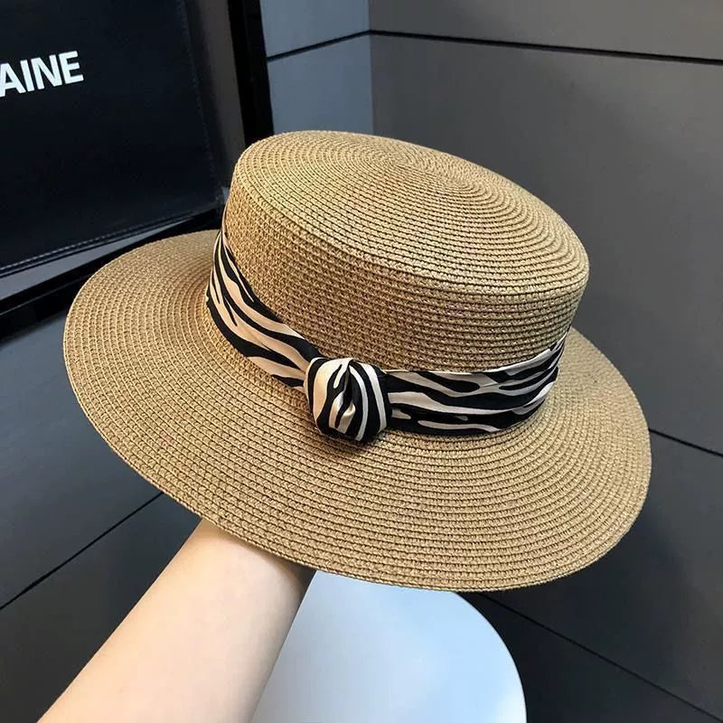 2025 Summer Hot-Selling French Straw Hat Flat Top Women's Vintage Zebra Outdoor Vacation Sun Protection Hat Good Vibrations