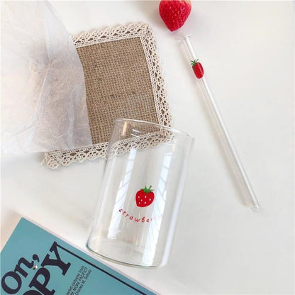 300ml Strawberry Cute Glass Cup With Straw Creative Transparent Water Cup Student Milk Heat Resistant Glass Nana Good Vibrations