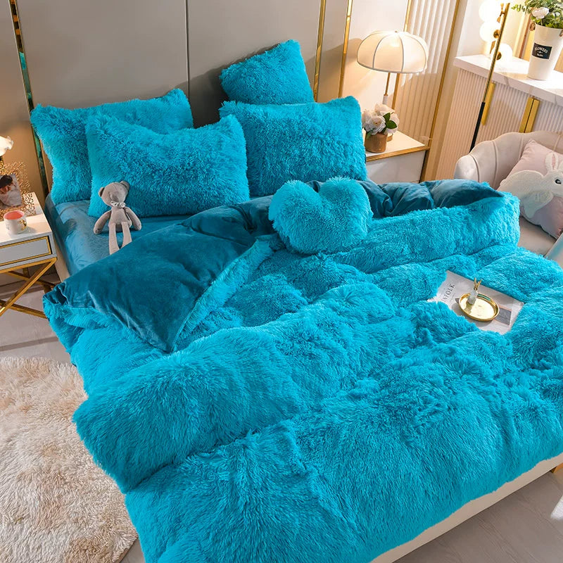 White Wave Fox Colorful Plush Mink Fur Four-Piece Coral Velvet Winter Flannel Duvet Cover Double-Sided Velvet Bed Sheet Fitted Sheet Good Vibrations