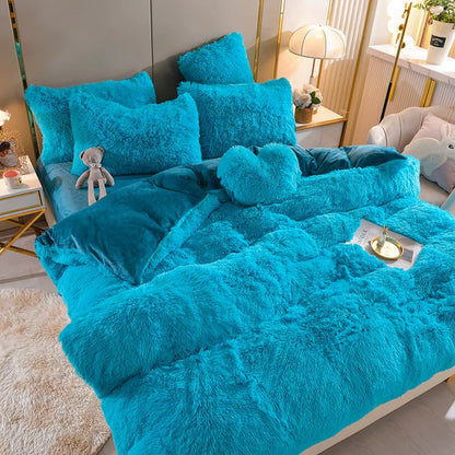 White Wave Fox Colorful Plush Mink Fur Four-Piece Coral Velvet Winter Flannel Duvet Cover Double-Sided Velvet Bed Sheet Fitted Sheet Good Vibrations