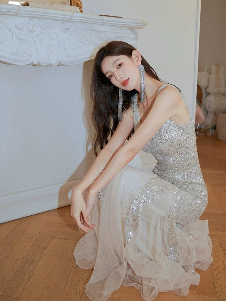 Fairy Lady Super Fairy Mori Style Evening Gown Women's New Arrival Banquet Temperament Elegance Annual Meeting Long Style Fishtail Sequins Sexy Gown Good Vibrations